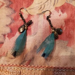 Urban Outfitters gold blue feather earrings
